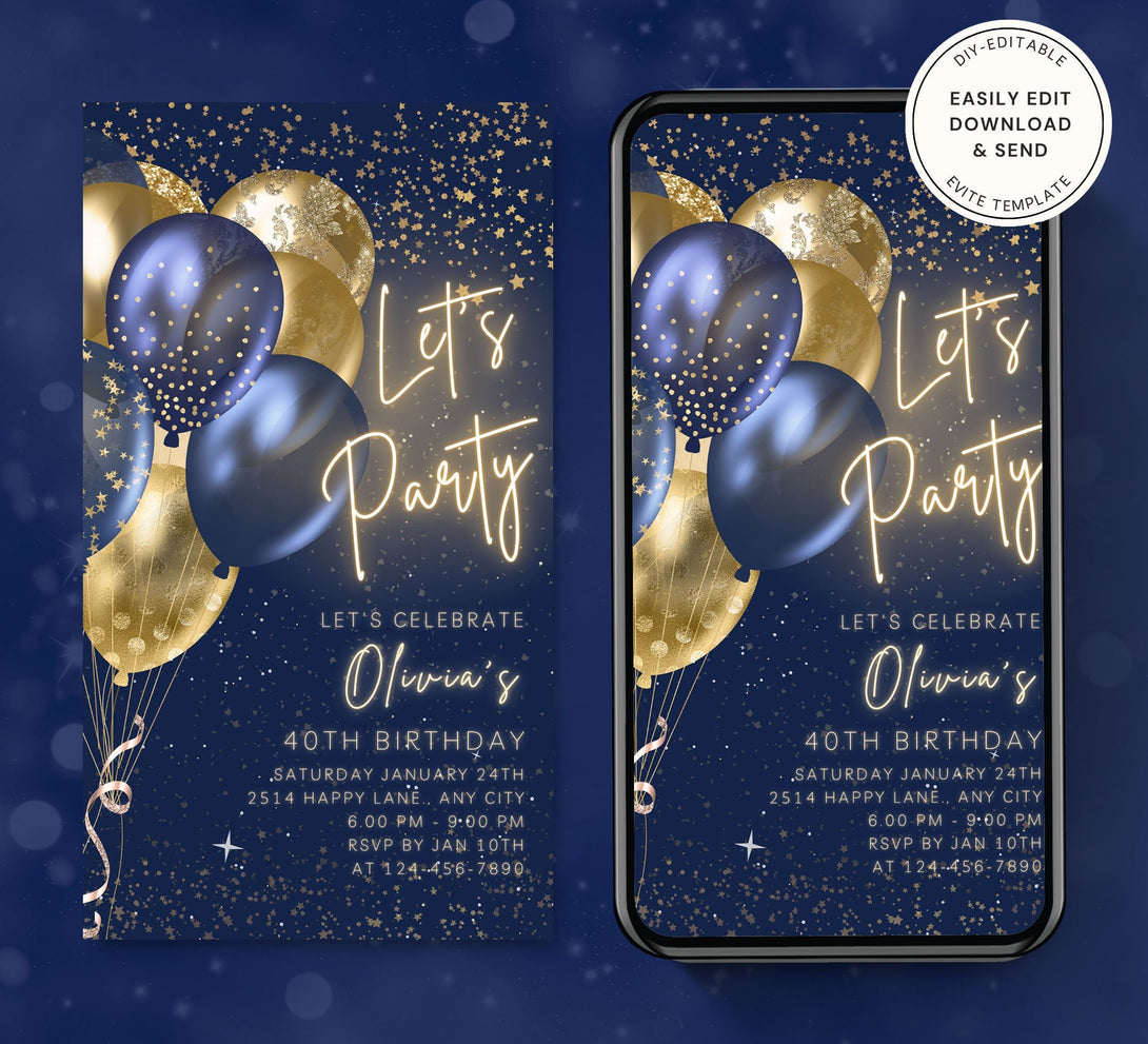 Animated Let's Party Invite for any Event Celebration, Editable Video Template, Birthday invitation for any Age | Golden & Blue E-vite - Visley Printables