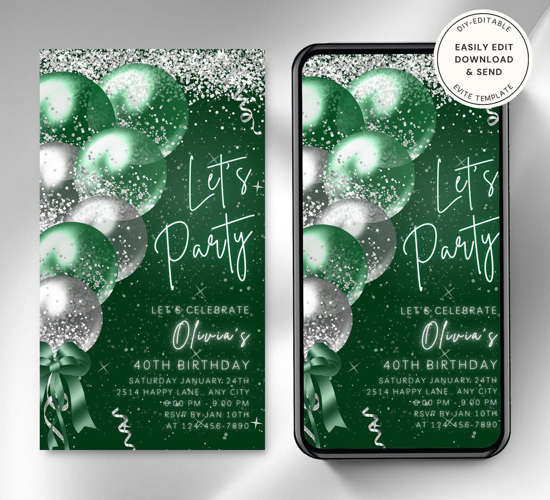Animated Let's Party Invite for any Event Celebration, Editable Video Template, Birthday invitation for any Age | Green & Silver E-vite - Visley Printables