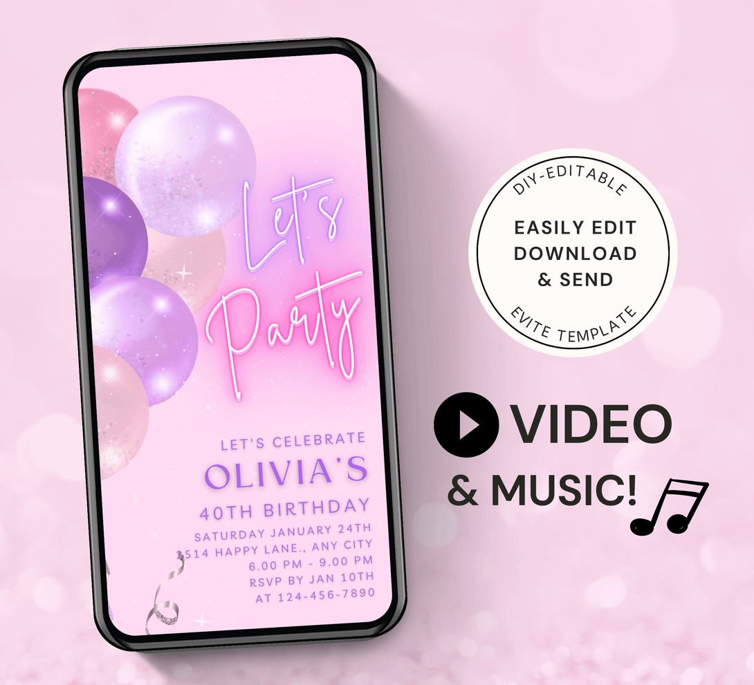 Animated Let's Party Invite for any Event Celebration, Editable Video Template, Birthday invitation for any Age | Purple Pink E-vite - Visley Printables
