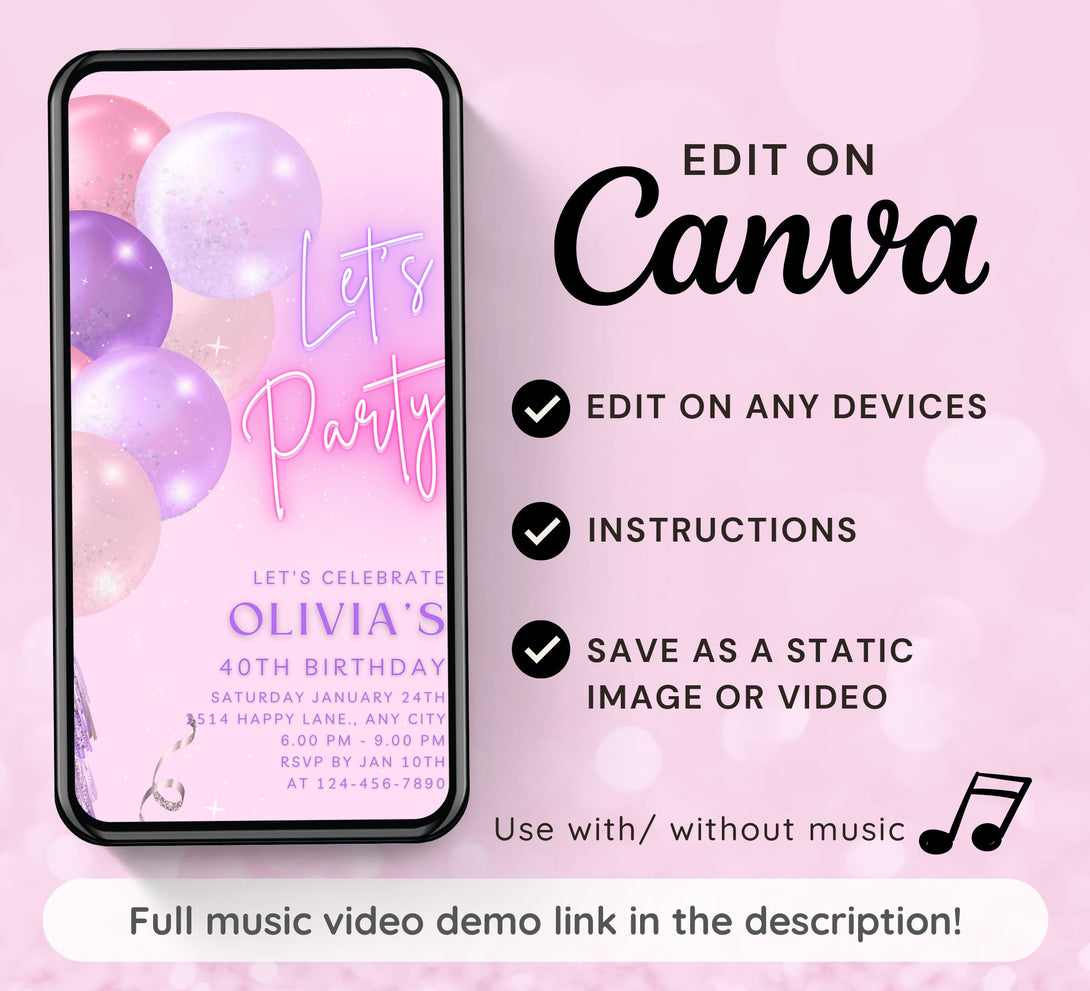 Animated Let's Party Invite for any Event Celebration, Editable Video Template, Birthday invitation for any Age | Purple Pink E-vite - Visley Printables