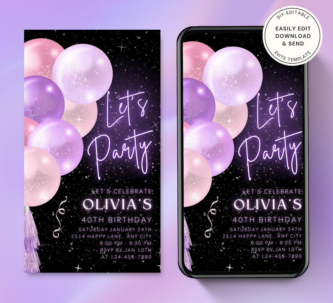 Animated Let's Party Invite for any Event Celebration, Editable Video Template, Birthday invitation for any Age | Purple Pink Party - Visley Printables