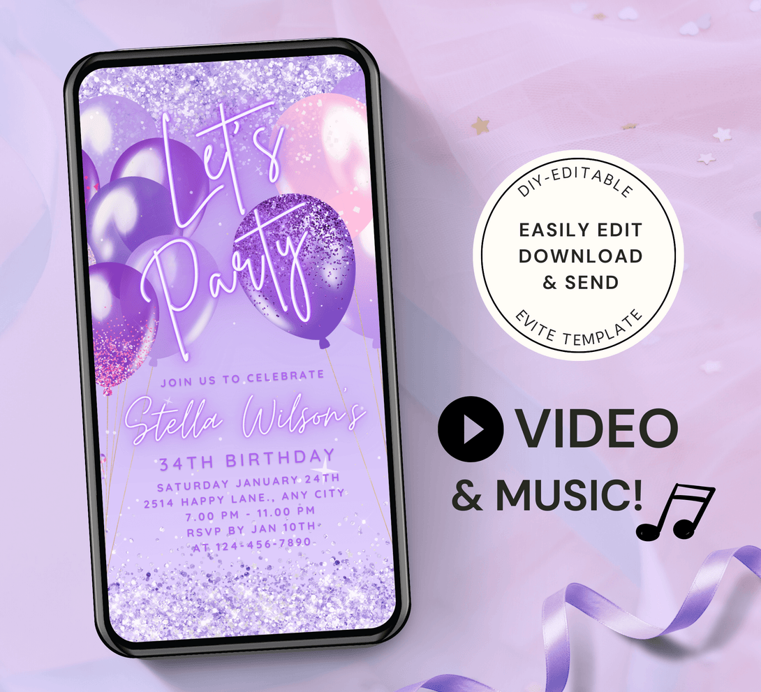 Animated Let's Party Invite for any Event Celebration, Editable Video Template, Birthday invitation for any Age | Silver & Purple E-vite - Visley Printables