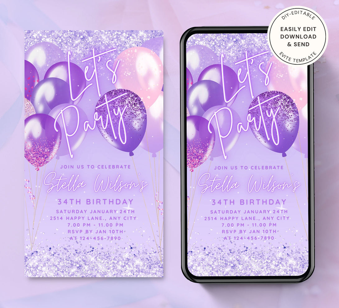 Animated Let's Party Invite for any Event Celebration, Editable Video Template, Birthday invitation for any Age | Silver & Purple E-vite - Visley Printables