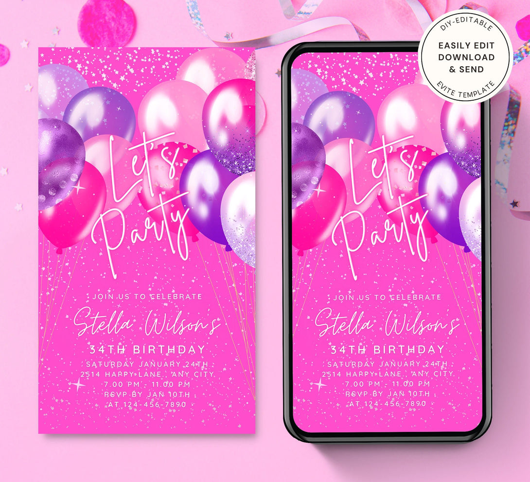 Animated Pink Party Invite for any Event Celebration, Editable Video Template, Birthday invitation for any Age| Digital E-vite - Visley Printables