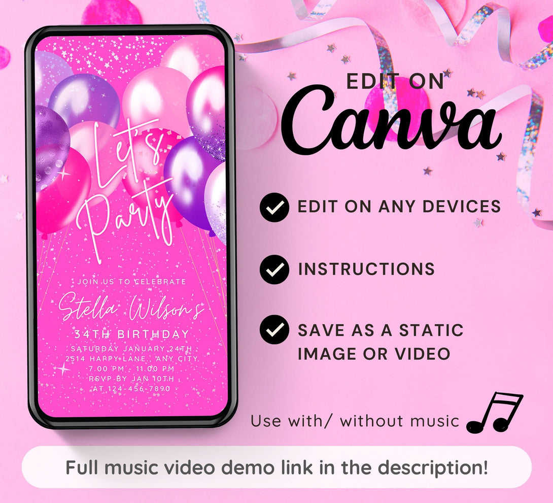 Animated Pink Party Invite for any Event Celebration, Editable Video Template, Birthday invitation for any Age| Digital E-vite - Visley Printables