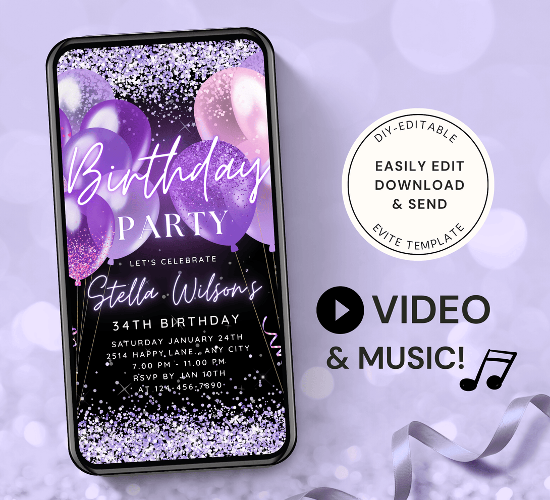 Animated Purple Birthday invitation, Party Invite for any Event Celebration, Editable Video Template for any Age| Digital E-vite - Visley Printables