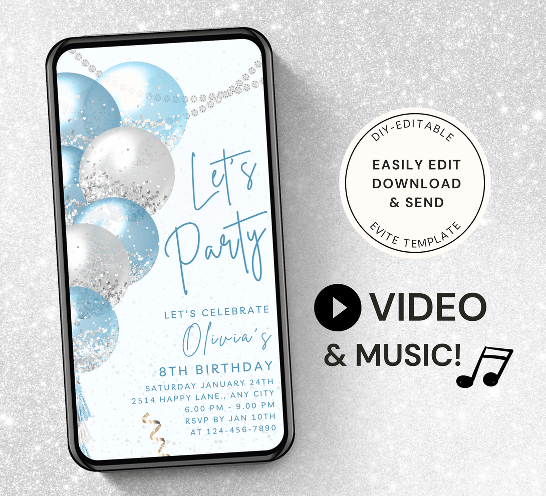 Animated White Blue Let's Party invitation, Sparkle Invite for any Event Celebration, Editable Video Birthday Template | Digital E-vite - Visley Printables