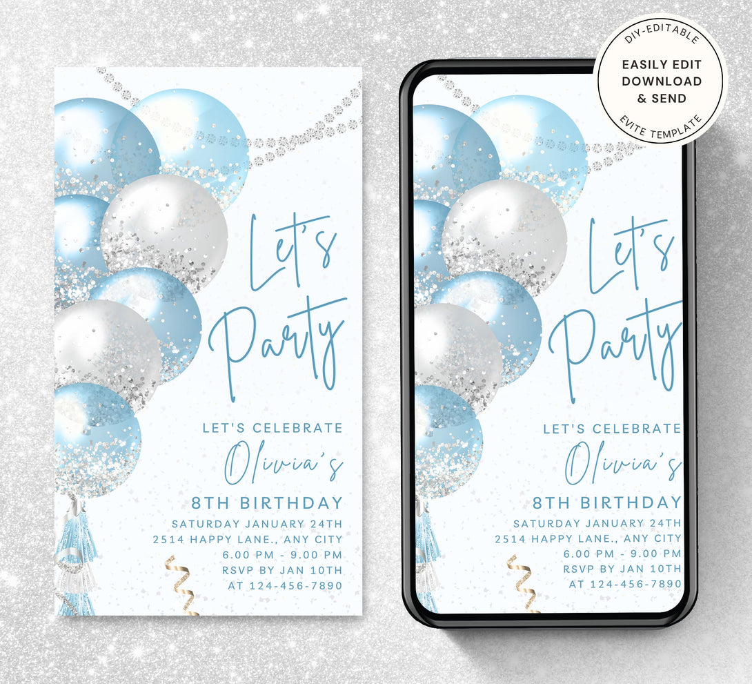 Animated White Blue Let's Party invitation, Sparkle Invite for any Event Celebration, Editable Video Birthday Template | Digital E-vite - Visley Printables