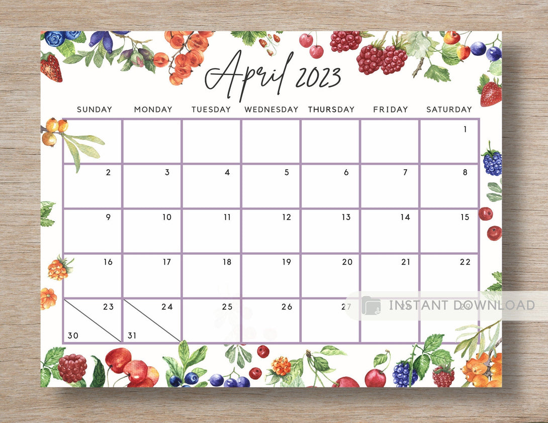 April 2023 Calendar, Spring & Summer Berries April 23 Printable Planner, Fillable Editable Calendar for Home and School Events PDF Download - Visley Printables
