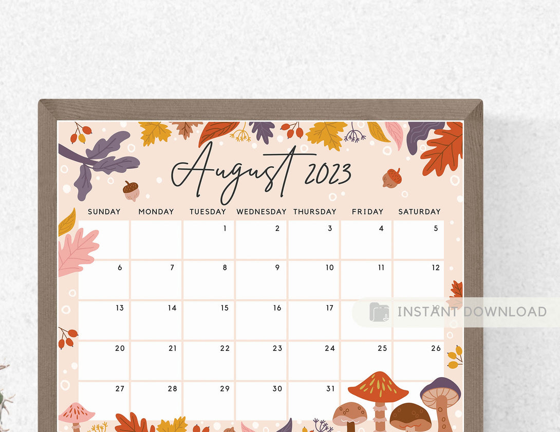 August 2023 Calendar, Beautiful Fall, Autumn Flowers & Leaves, Mushrooms Editable Printable Calendar Planner Insert - Instant Download - Visley Printables