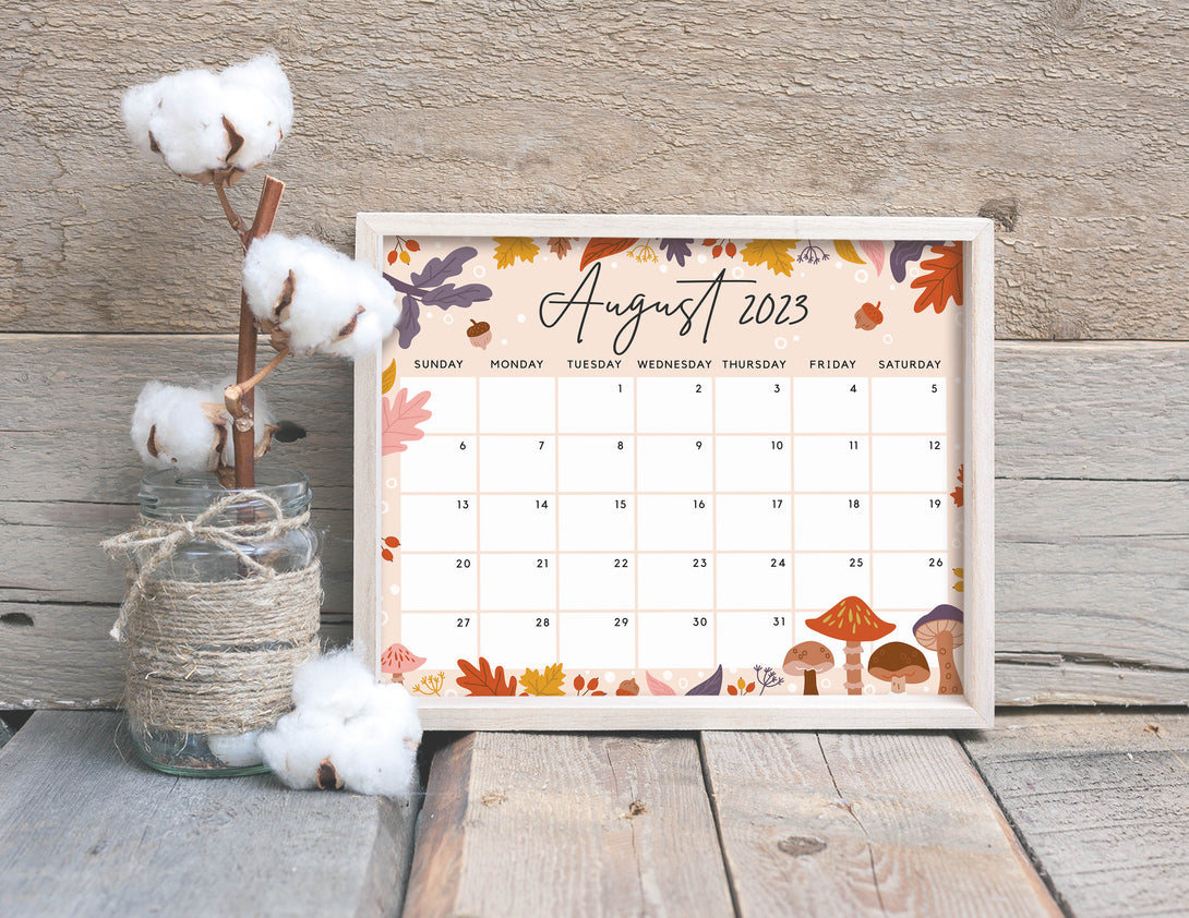 August 2023 Calendar, Beautiful Fall, Autumn Flowers & Leaves, Mushrooms Editable Printable Calendar Planner Insert - Instant Download - Visley Printables