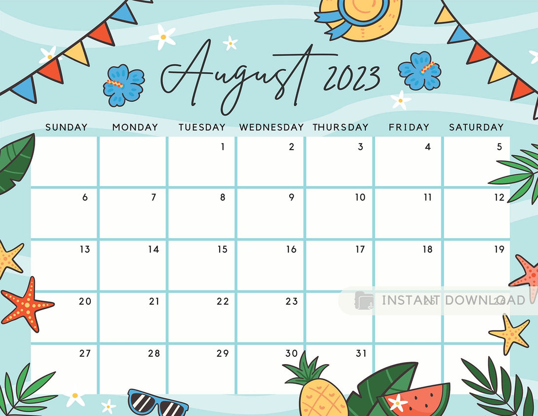 August 2023 Calendar, Blue Warm & Cute Summer Beach Printable Calendar Editable Fillable Planner Insert - Instant Download - Visley Printables