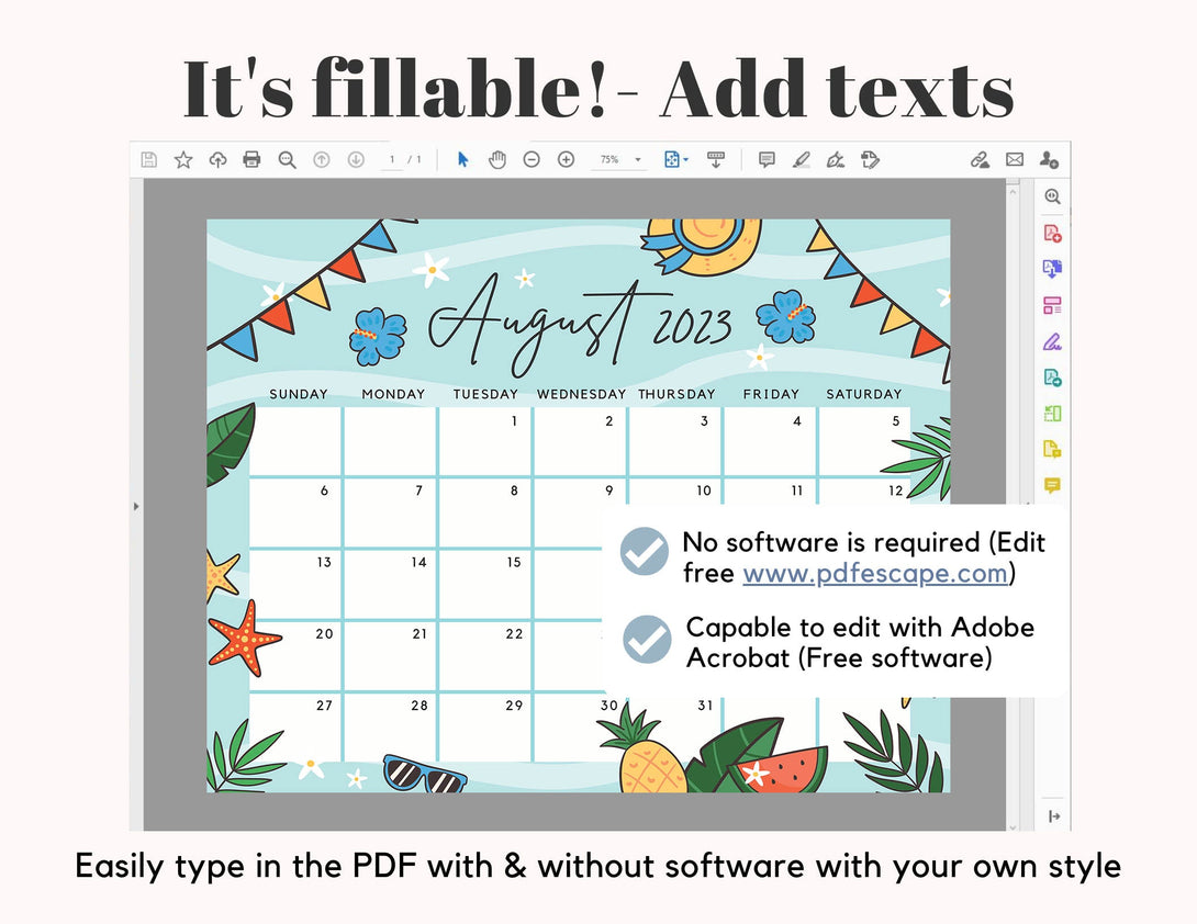 August 2023 Calendar, Blue Warm & Cute Summer Beach Printable Calendar Editable Fillable Planner Insert - Instant Download - Visley Printables