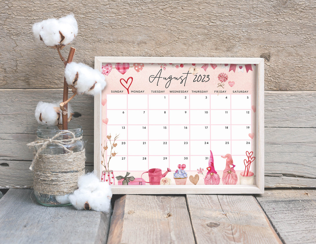 August 2023 Calendar, Lovely & Sweet Love Gnome - Cute Hearts Printable Fillable Editable Calendar Planner - Instant Download - Visley Printables