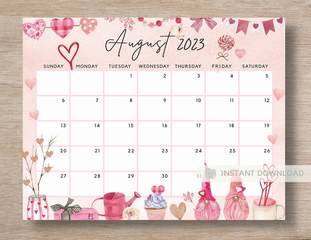 August 2023 Calendar, Lovely & Sweet Love Gnome - Cute Hearts Printable Fillable Editable Calendar Planner - Instant Download - Visley Printables