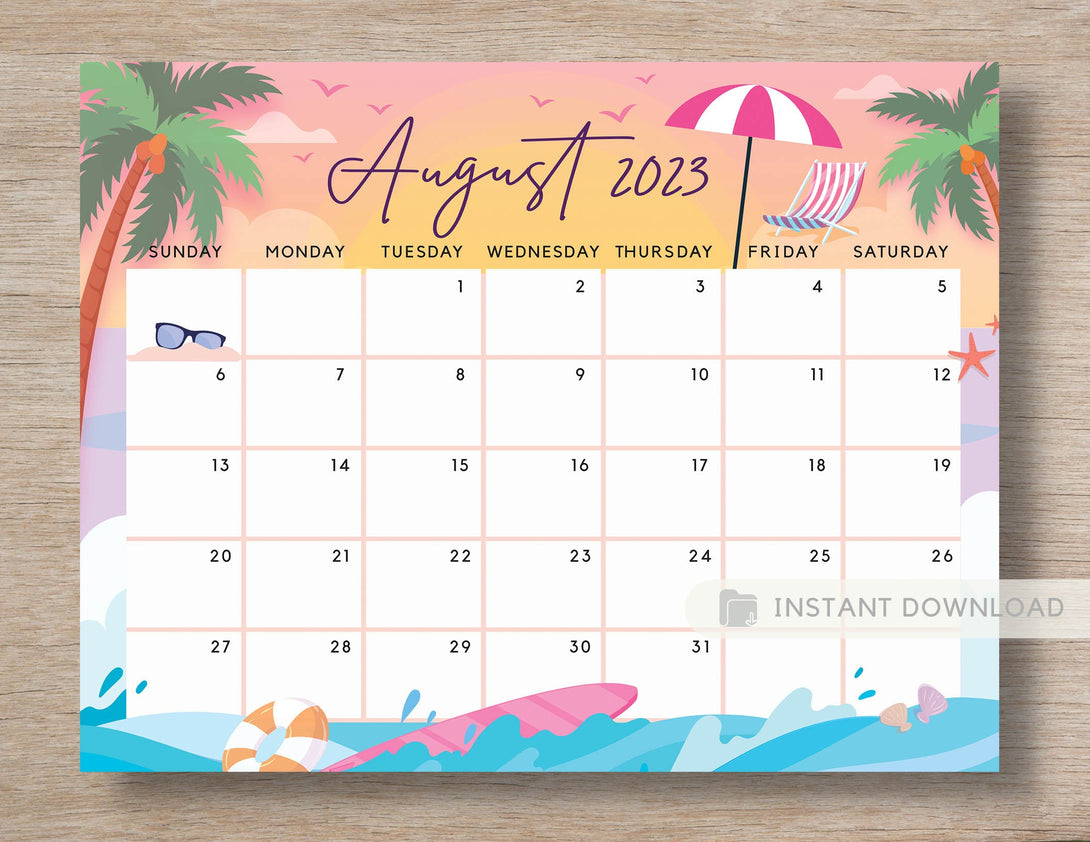 August 2023 Calendar Printable Summer Planner Calendar Cute Pink Sunset Month of August Calendar Planner Insert Template - Instant Download - Visley Printables