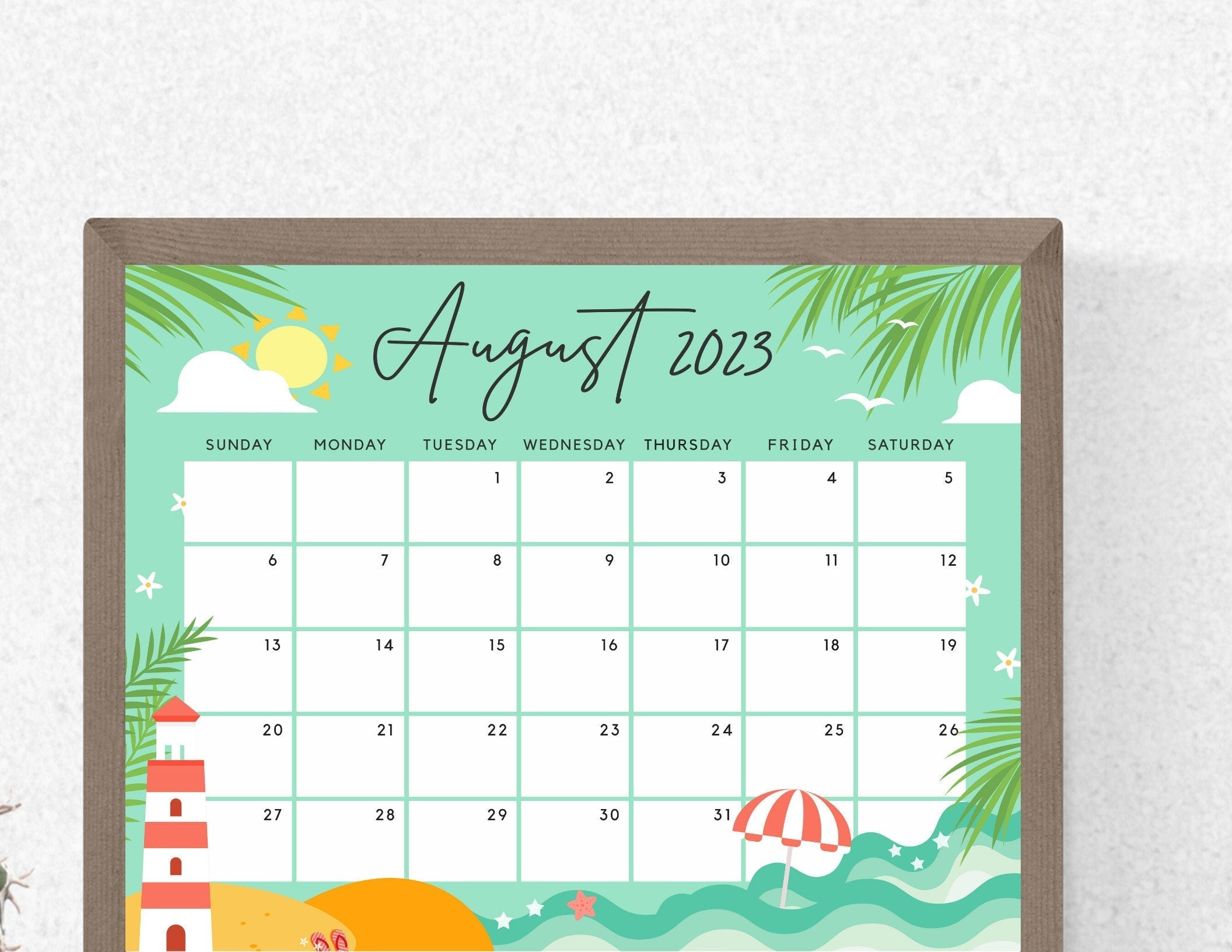 August 2023 Calendar, Warm & Cute Summer Beach Printable Calendar Edit ...