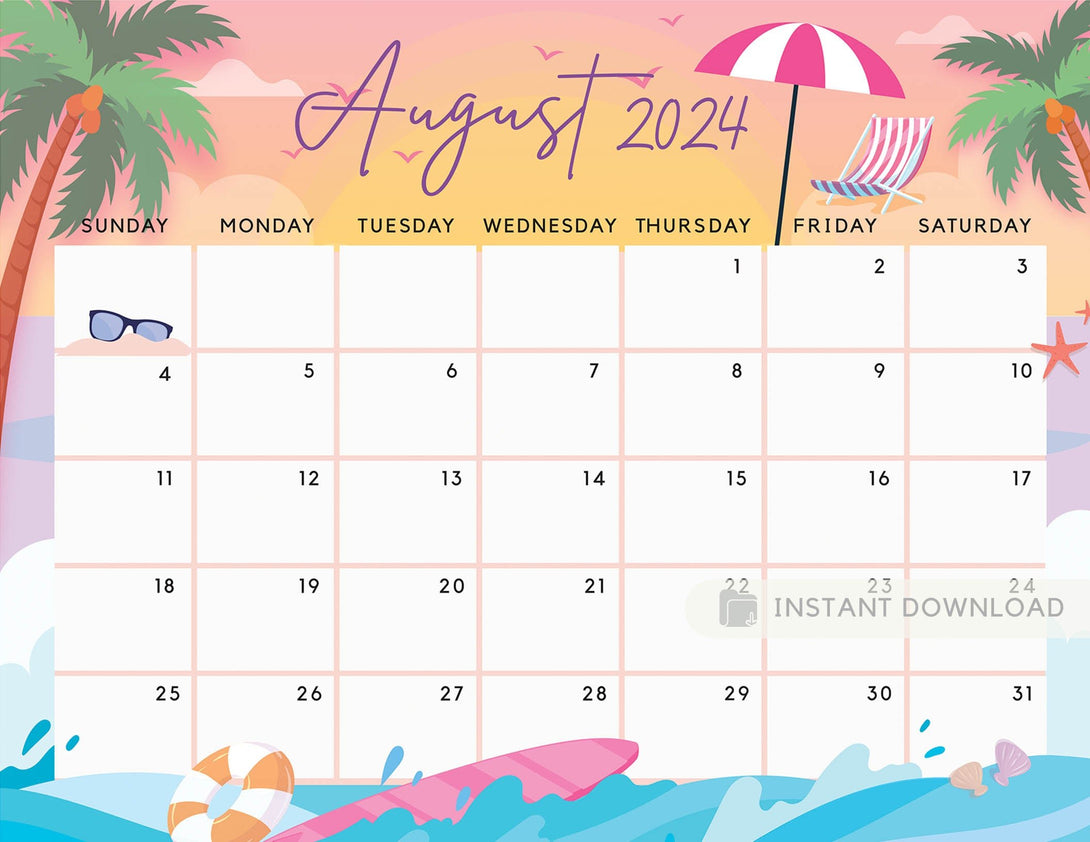 August 2024 Calendar Printable Summer Planner Calendar Cute Pink Sunset Month of August Calendar Planner Insert Template - Instant Download - Visley Printables