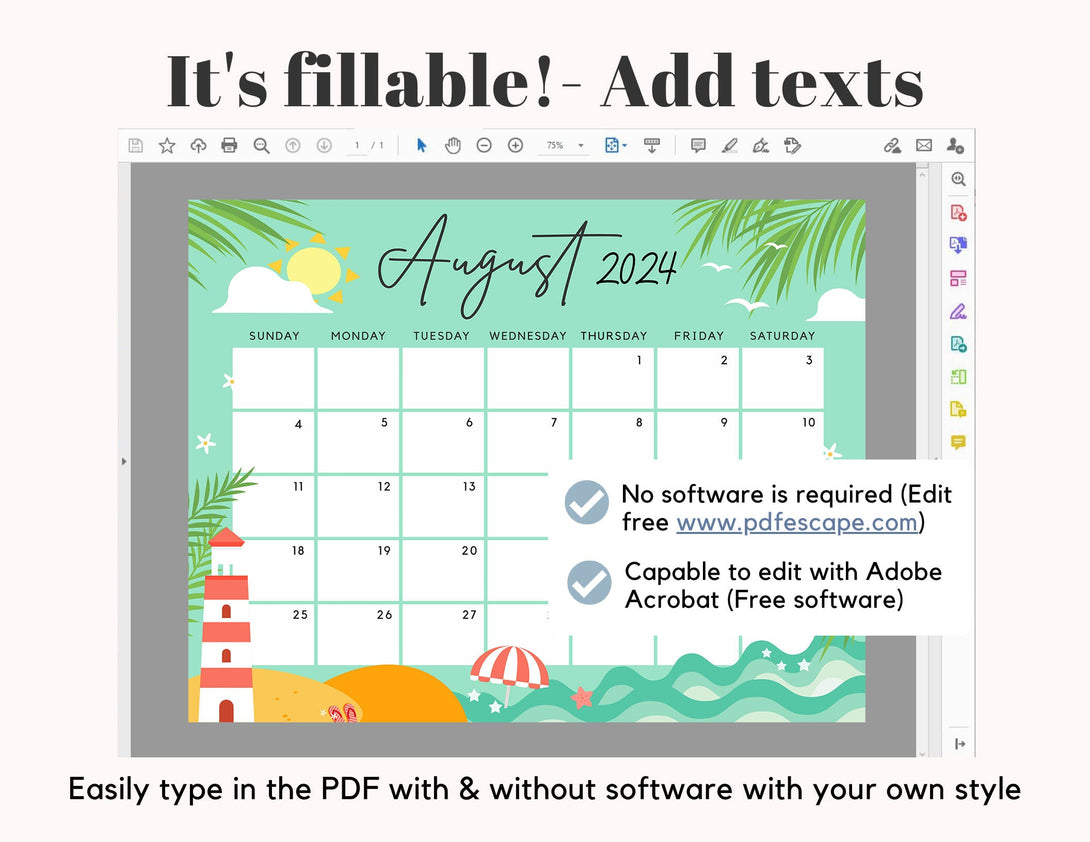 August 2024 Calendar, Warm & Cute Summer Beach Printable Calendar Editable Fillable Planner Insert - Instant Download - Visley Printables