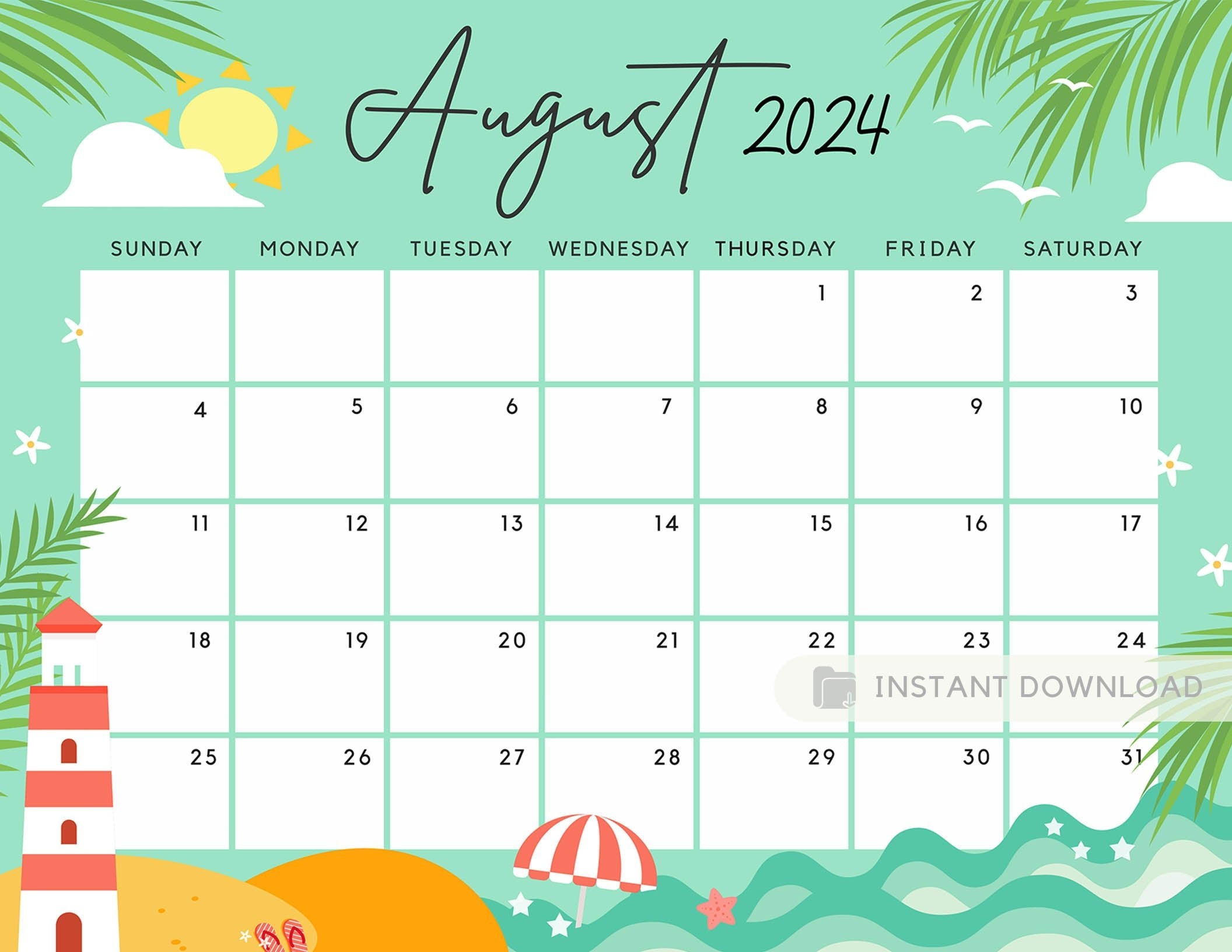 August 2024 Calendar, Warm & Cute Summer Beach Printable Calendar Edit ...