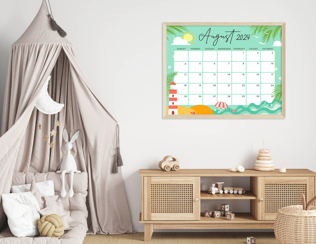 August 2024 Calendar, Warm & Cute Summer Beach Printable Calendar Editable Fillable Planner Insert - Instant Download - Visley Printables