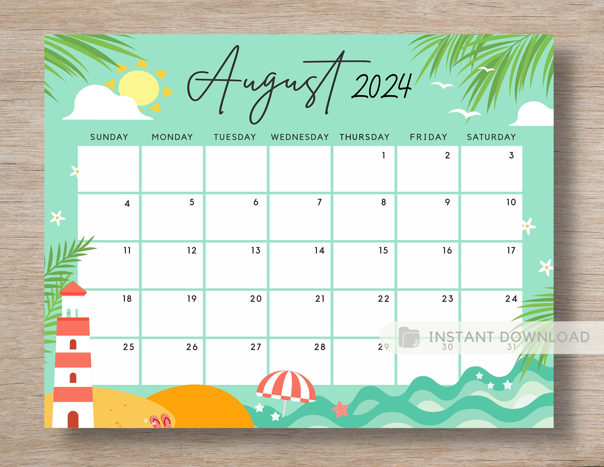 August 2024 Calendar, Warm & Cute Summer Beach Printable Calendar Edit ...