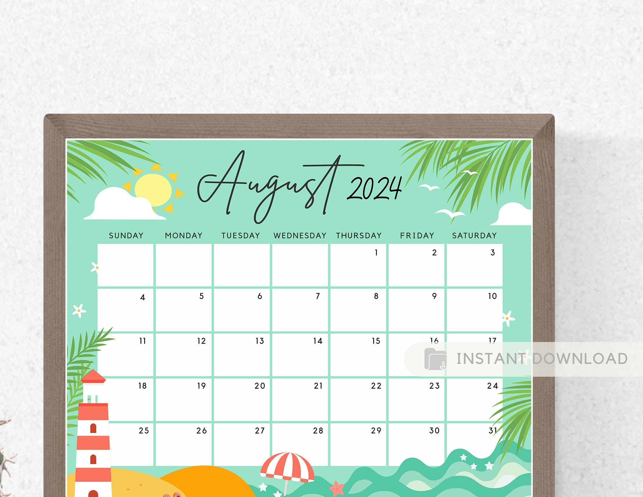 August 2024 Calendar, Warm & Cute Summer Beach Printable Calendar Edit ...