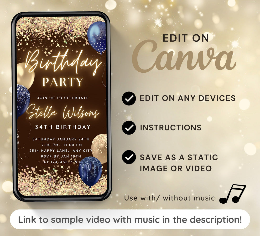 Birthday Party Invitation, Animated Birthday Party Invite, Editable Electronic Bday Dinner, Video Gold Blue & Glitter Balloon Digital Card - Visley Printables