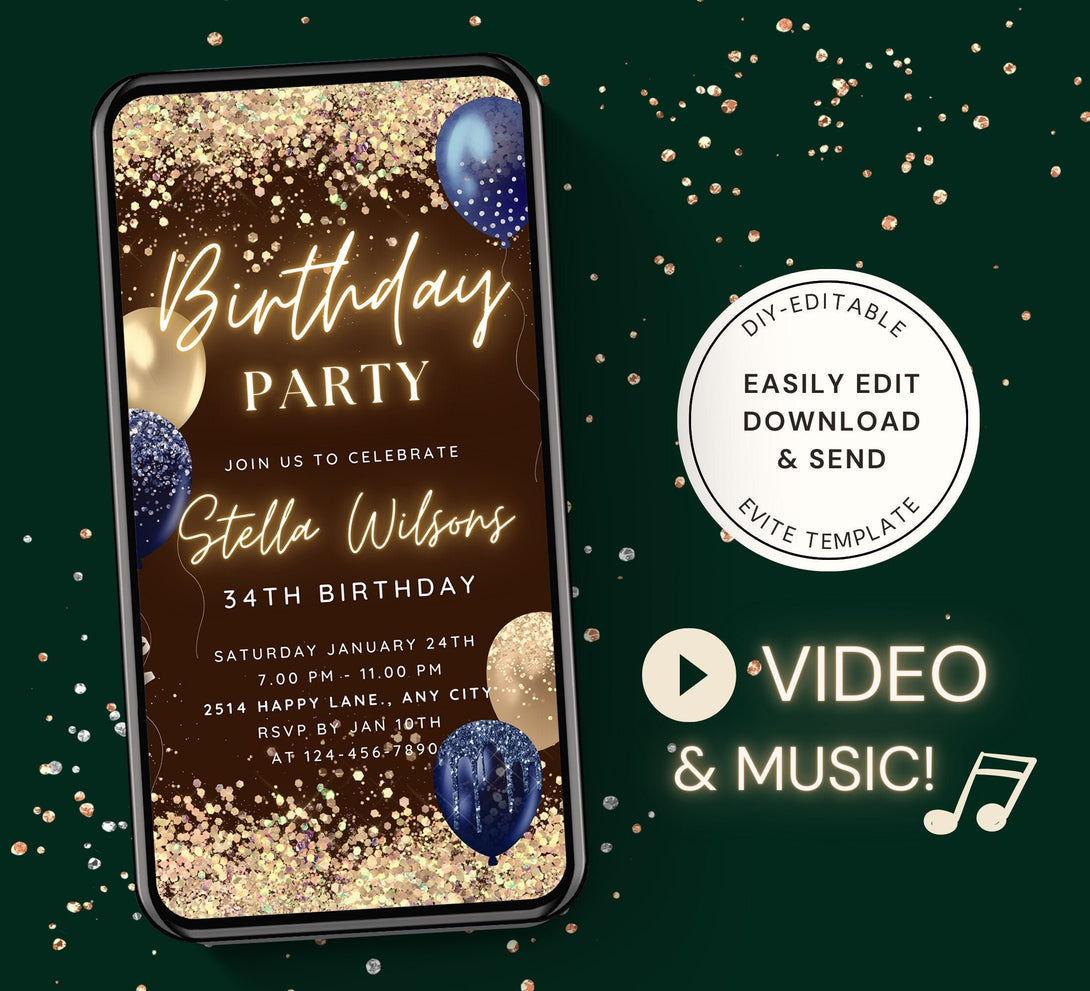 Birthday Party Invitation, Animated Birthday Party Invite, Editable Electronic Bday Dinner, Video Gold Blue & Glitter Balloon Digital Card - Visley Printables