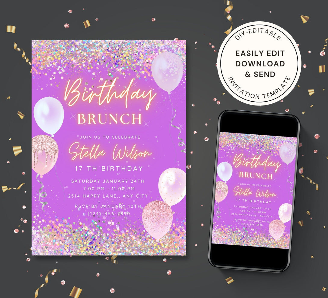 Birthday Party Invitation, Editable Birthday Party Dinner Brunch Invite, Printable & Electronic Invitation Card, Rainbow Glitter DB01 - Visley Printables