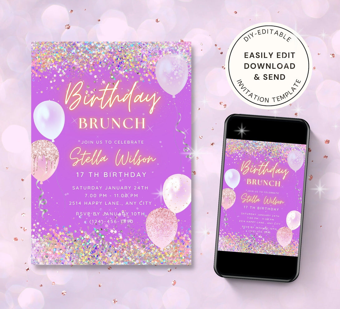 Birthday Party Invitation, Editable Birthday Party Dinner Brunch Invite, Printable & Electronic Invitation Card, Rainbow Glitter DB01 - Visley Printables