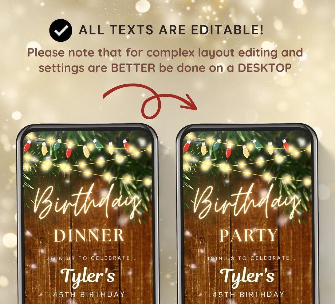 Birthday Party Invitation, Electronic Video Winter BBQ Party Invite, Rustic Snowing Birthday Dinner, New Year Surprise Party Invite Editable - Visley Printables