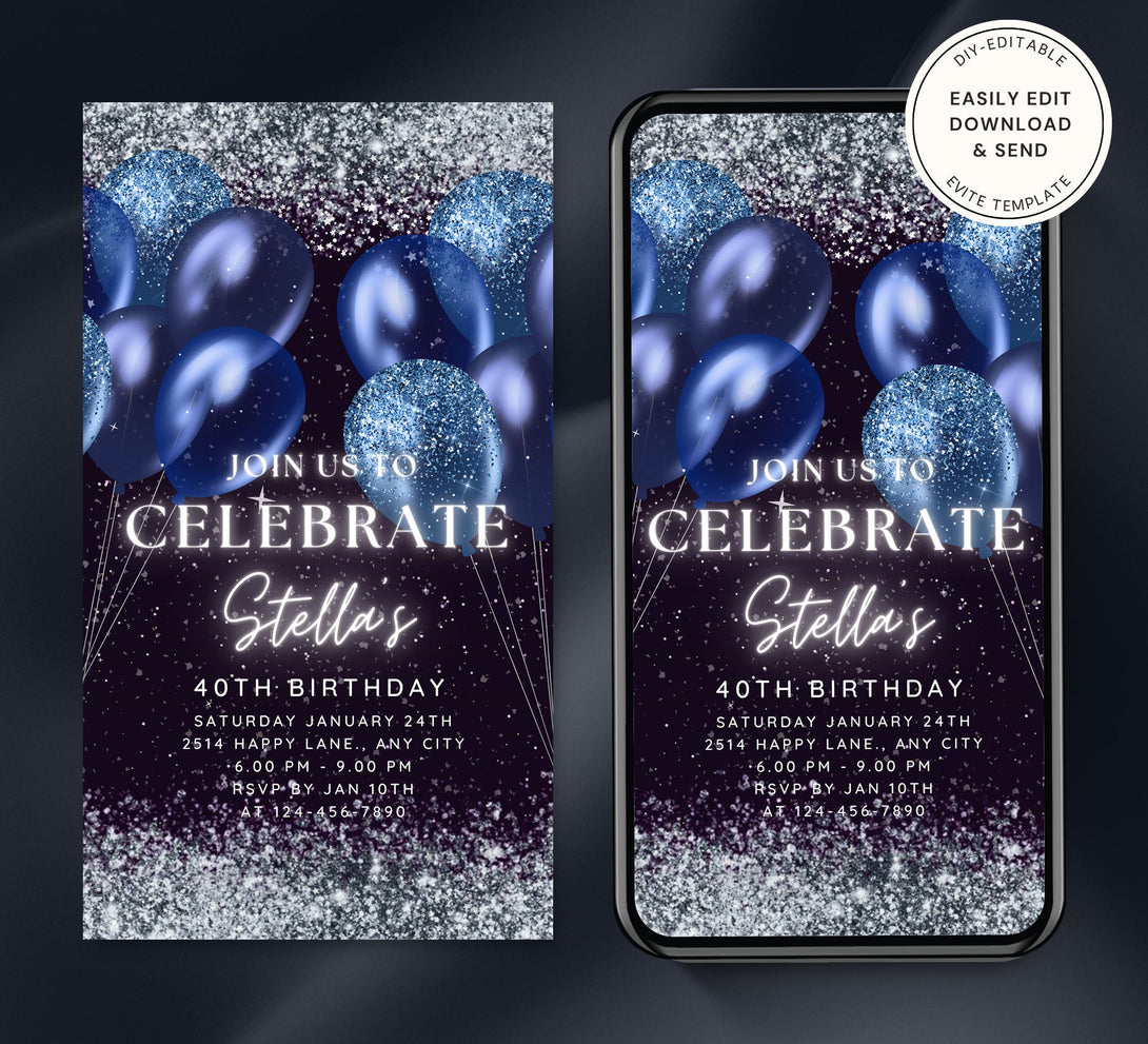 Blue & Silver Animated Party Invite for any Event Celebration, Editable Video Template, Birthday invitation for any Age | Digital E-vite - Visley Printables