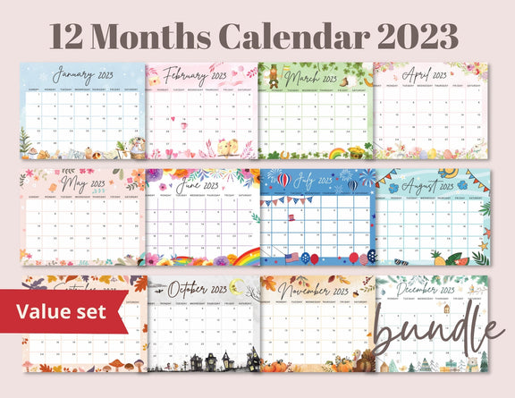 Calendar 2023 Bundle Pack, January to December Monthly Printable Edita ...