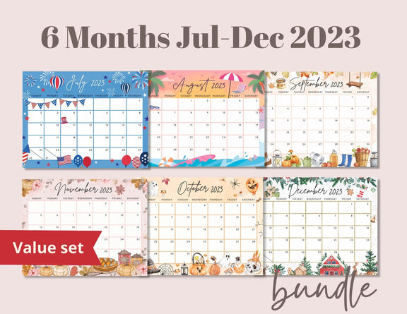 Calendar 2023 Bundle Pack, July to December 6 Monthly Printable Editab ...