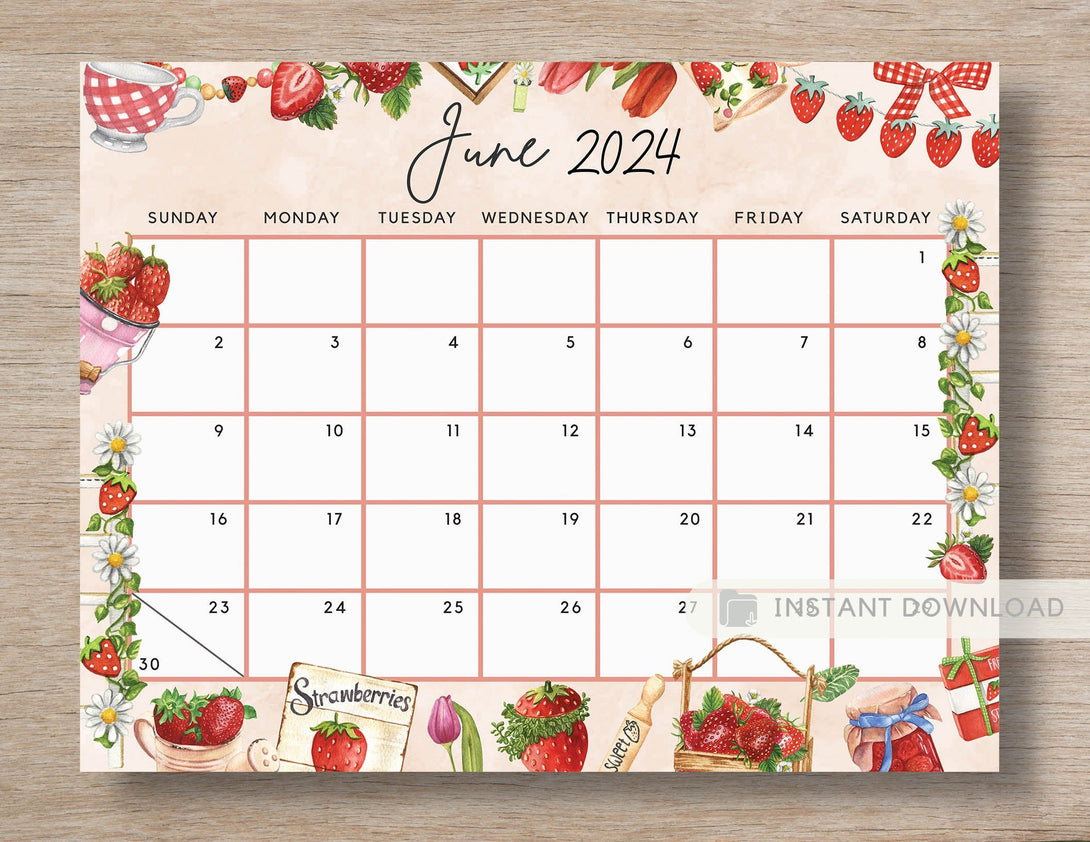 Cute June 2024 Calendar, Strawberry Gnome Sweet Spring June 24 Printable, Fillable Editable Summer Calendar for Holiday & Party PDF - Visley Printables