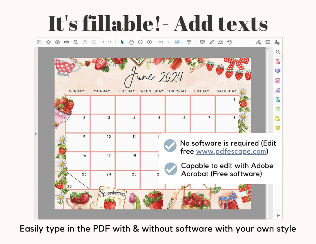 Cute June 2024 Calendar, Strawberry Gnome Sweet Spring June 24 Printable, Fillable Editable Summer Calendar for Holiday & Party PDF - Visley Printables