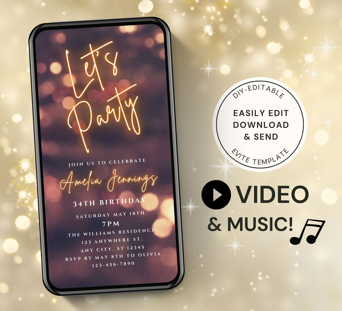 Dancing Vintage Light Invite for any Party Events, Celebrate Retirement, Birthday, Anniversary, Editable Video Invitation Template - Visley Printables