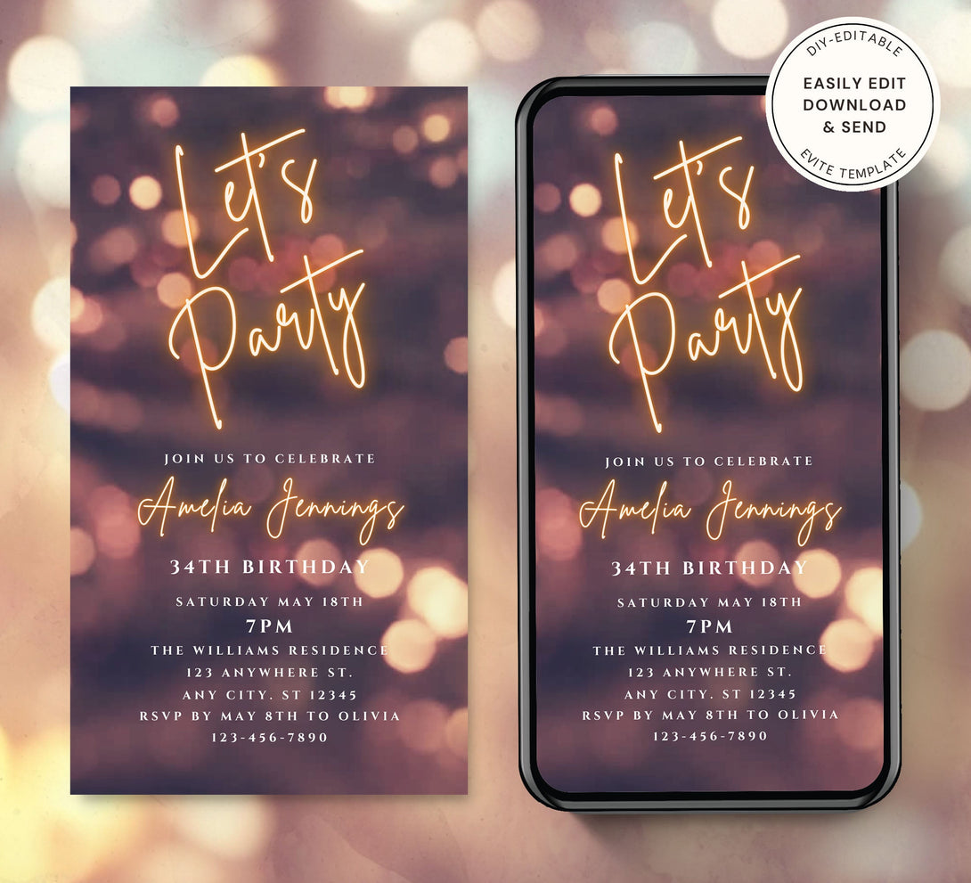 Dancing Vintage Light Invite for any Party Events, Celebrate Retirement, Birthday, Anniversary, Editable Video Invitation Template - Visley Printables