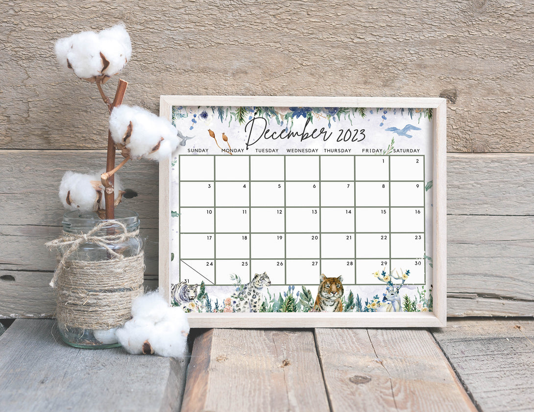 December 2023 Calendar, Beautiful Winter Forest Animals - Festive & Happy Printable Fillable Editable Calendar Planner - Instant Download - Visley Printables
