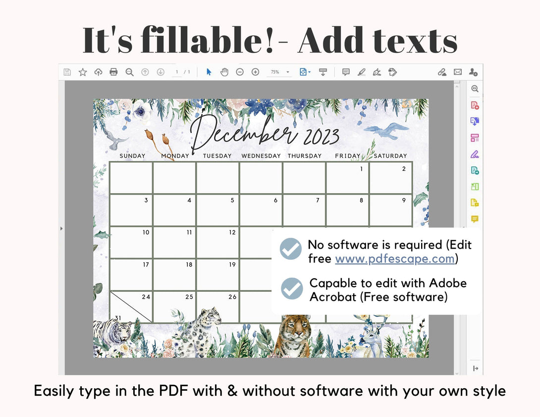 December 2023 Calendar, Beautiful Winter Forest Animals - Festive & Happy Printable Fillable Editable Calendar Planner - Instant Download - Visley Printables
