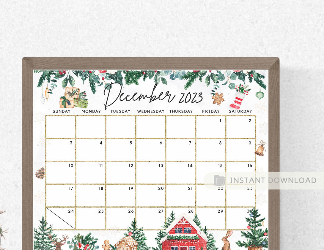 December 2023 Calendar, Beautiful Winter Scene with Leaves & Snow, White Christmas Printable Editable Calendar Planner - Instant Download - Visley Printables