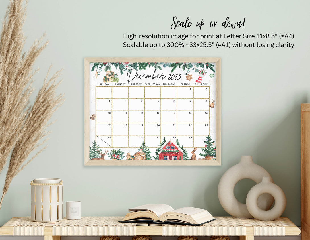 December 2023 Calendar, Beautiful Winter Scene with Leaves & Snow, White Christmas Printable Editable Calendar Planner - Instant Download - Visley Printables
