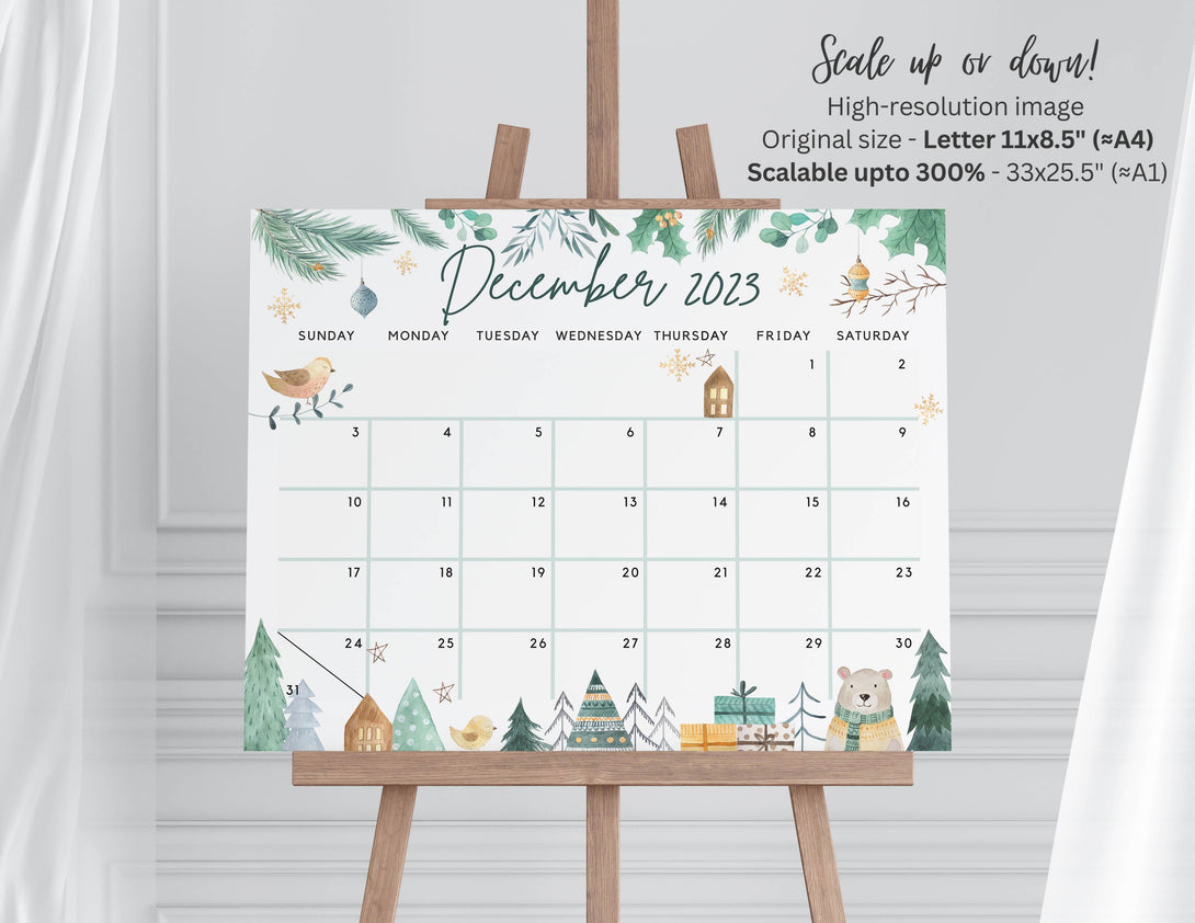 December 2023 Calendar, Cute & Fun Winter White Christmas Editable Printable Fillable Calendar Planner Insert - Instant Download - Visley Printables