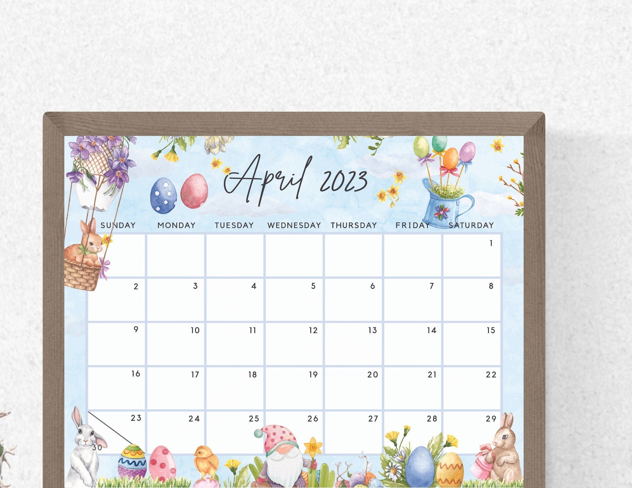 Editable April 2023 Calendar Fun Easter Bunny & Gnome Printable Planne ...