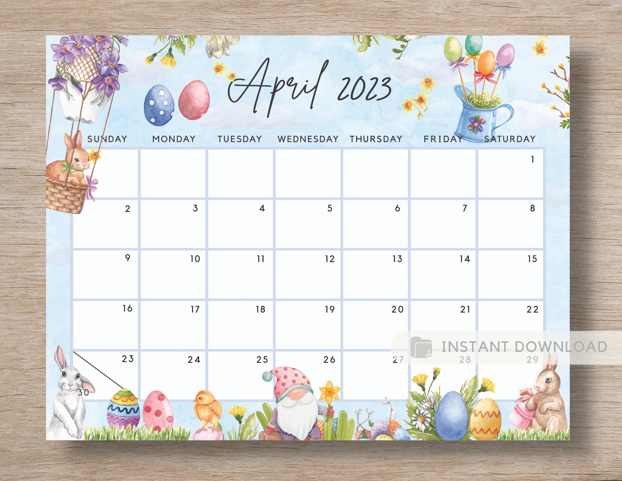 Editable April 2023 Calendar Fun Easter Bunny & Gnome Printable Planne ...