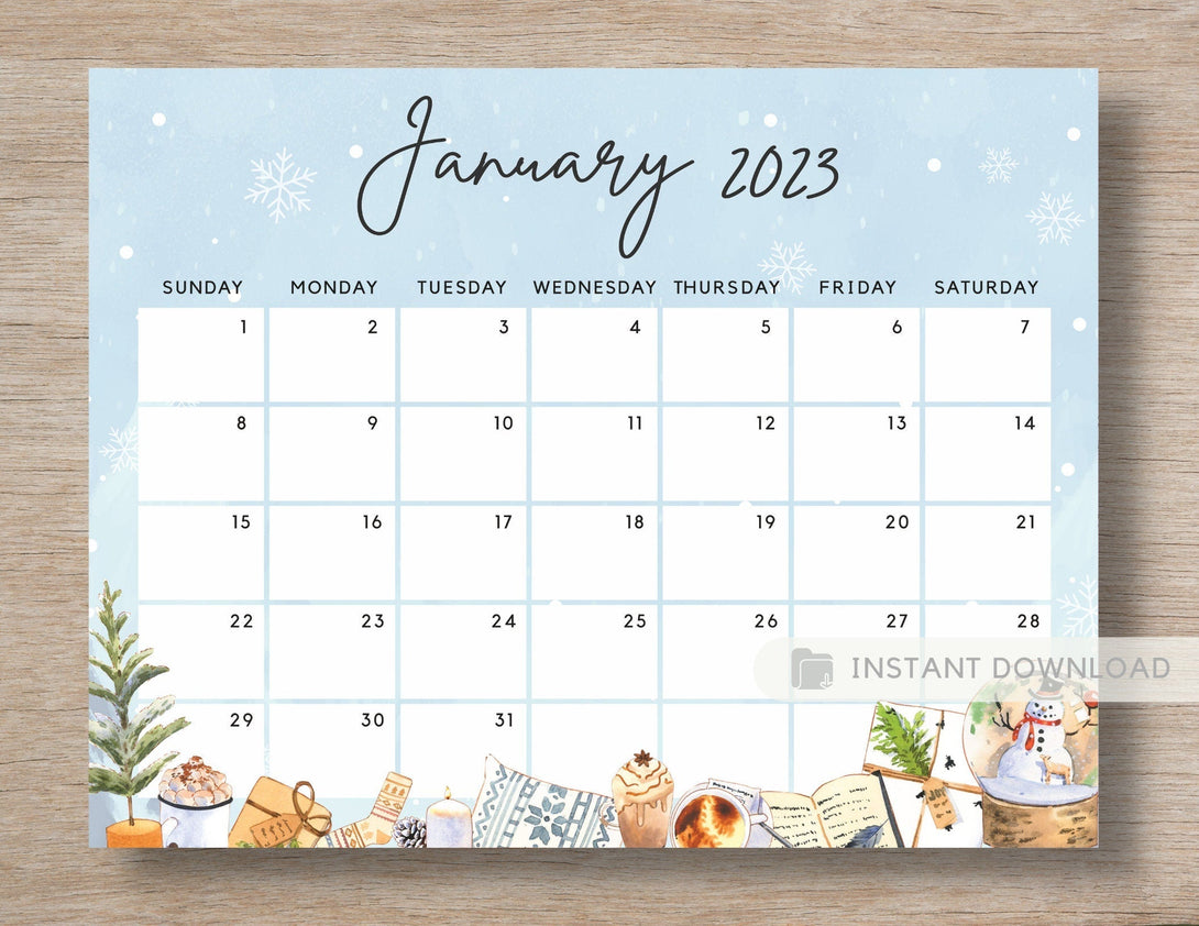 Editable January 2023 Calendar, Happy Cozy Winter New Year Celebration - Cute Holiday Printable Fillable Calendar Planner - PDF Download - Visley Printables