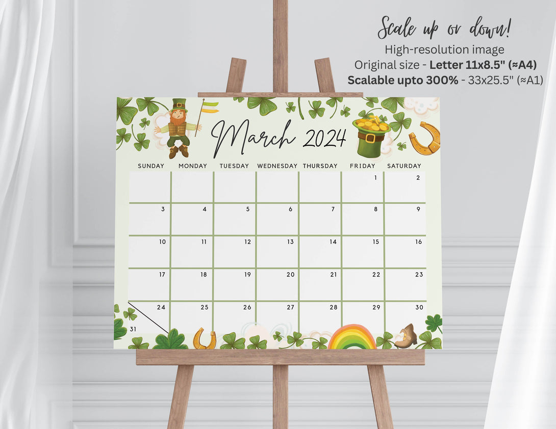Editable March 2024 Calendar for the Lucky Month, Irish Clovers Cute Printable Calendar Fillable Editable Planner - Instant Download - Visley Printables
