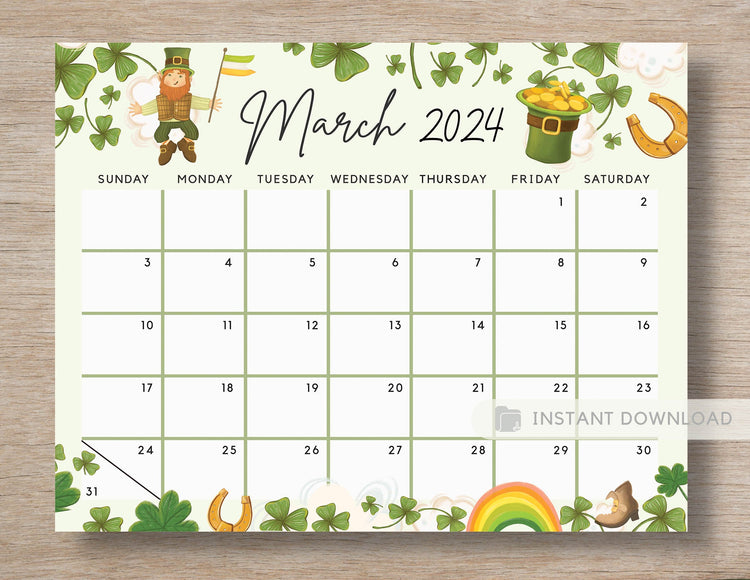 Editable March 2024 Calendar for the Lucky Month, Irish Clovers Cute P ...