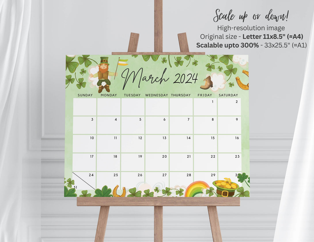 Editable March 2024 Calendar for the Lucky Month with Clovers Cute Printable Calendar Fillable Editable Planner - Instant Download - Visley Printables